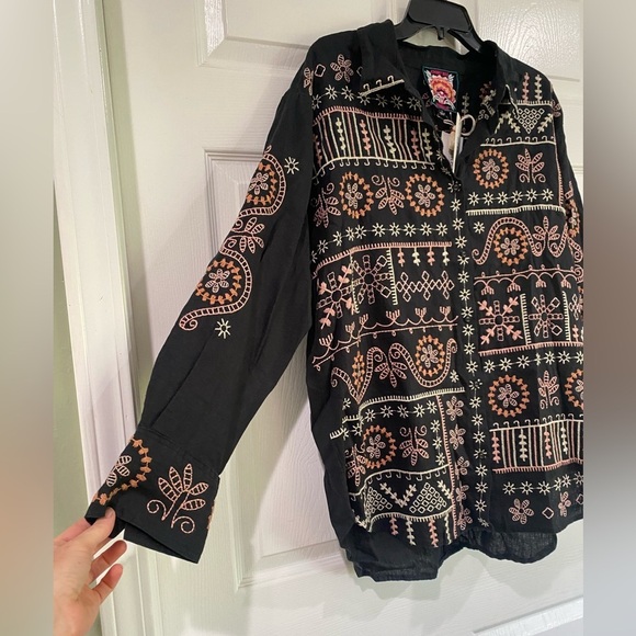 Johnny Was Faye Relaxed Linen Button Down Embroidered Shirt Lagenlook Size L - Picture 14 of 15